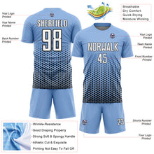 Load image into Gallery viewer, Custom Light Blue White-Black Geometric Hexagonal Dot Gradient Sublimation Soccer Uniform Jersey
