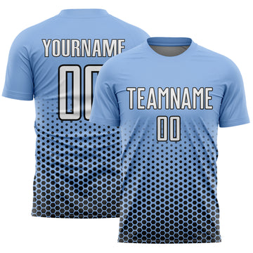 Custom Light Blue White-Black Geometric Hexagonal Dot Gradient Sublimation Soccer Uniform Jersey