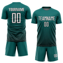 Load image into Gallery viewer, Custom Teal White-Black Geometric Hexagonal Dot Gradient Sublimation Soccer Uniform Jersey
