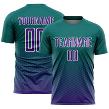 Load image into Gallery viewer, Custom Teal Purple-White Geometric Hexagonal Dot Gradient Sublimation Soccer Uniform Jersey
