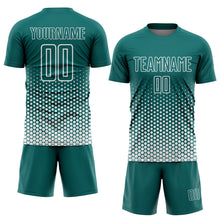 Load image into Gallery viewer, Custom Teal-White Geometric Hexagonal Dot Gradient Sublimation Soccer Uniform Jersey
