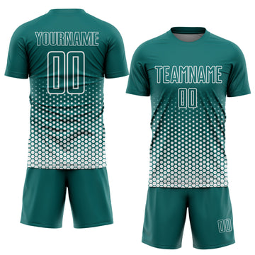Custom Teal-White Geometric Hexagonal Dot Gradient Sublimation Soccer Uniform Jersey