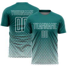 Load image into Gallery viewer, Custom Teal-White Geometric Hexagonal Dot Gradient Sublimation Soccer Uniform Jersey

