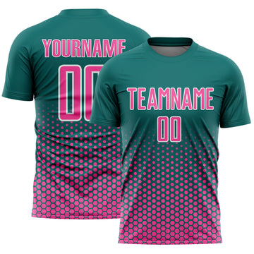 Custom Teal Pink-White Geometric Hexagonal Dot Gradient Sublimation Soccer Uniform Jersey