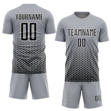 Загрузить изображение в средство просмотра галереи, Custom Gray Black-White Geometric Hexagonal Dot Gradient Sublimation Soccer Uniform Jersey
