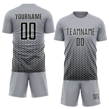 Custom Gray Black-White Geometric Hexagonal Dot Gradient Sublimation Soccer Uniform Jersey