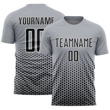 Загрузить изображение в средство просмотра галереи, Custom Gray Black-White Geometric Hexagonal Dot Gradient Sublimation Soccer Uniform Jersey
