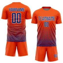 Laden Sie das Bild in den Galerie-Viewer, Custom Orange Royal-White Geometric Hexagonal Dot Gradient Sublimation Soccer Uniform Jersey

