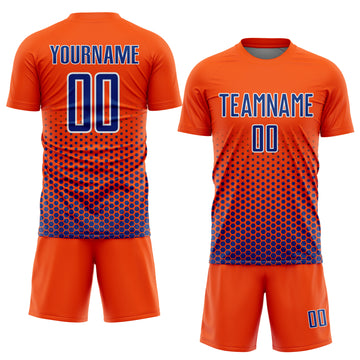 Custom Orange Royal-White Geometric Hexagonal Dot Gradient Sublimation Soccer Uniform Jersey