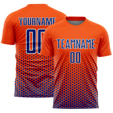 Laden Sie das Bild in den Galerie-Viewer, Custom Orange Royal-White Geometric Hexagonal Dot Gradient Sublimation Soccer Uniform Jersey
