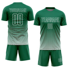 Laden Sie das Bild in den Galerie-Viewer, Custom Kelly Green-White Geometric Hexagonal Dot Gradient Sublimation Soccer Uniform Jersey
