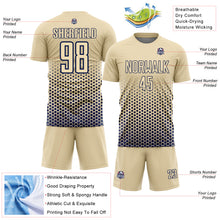 Laden Sie das Bild in den Galerie-Viewer, Custom Cream-Navy Geometric Hexagonal Dot Gradient Sublimation Soccer Uniform Jersey
