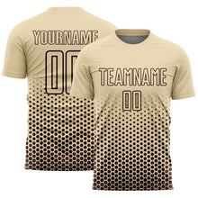 Laden Sie das Bild in den Galerie-Viewer, Custom Cream-Brown Geometric Hexagonal Dot Gradient Sublimation Soccer Uniform Jersey
