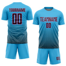 Laden Sie das Bild in den Galerie-Viewer, Custom Sky Blue Black-Pink Geometric Hexagonal Dot Gradient Sublimation Soccer Uniform Jersey
