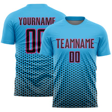 Laden Sie das Bild in den Galerie-Viewer, Custom Sky Blue Black-Pink Geometric Hexagonal Dot Gradient Sublimation Soccer Uniform Jersey
