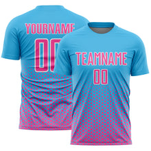 Загрузить изображение в средство просмотра галереи, Custom Sky Blue Pink-White Geometric Hexagonal Dot Gradient Sublimation Soccer Uniform Jersey
