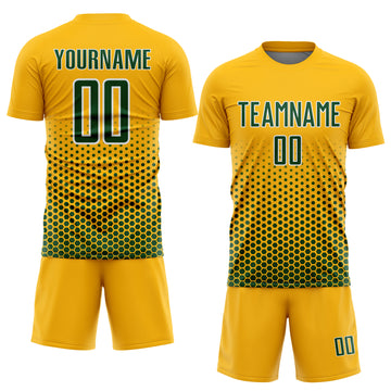 Custom Gold Green-White Geometric Hexagonal Dot Gradient Sublimation Soccer Uniform Jersey