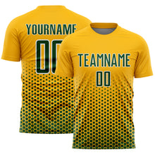Laden Sie das Bild in den Galerie-Viewer, Custom Gold Green-White Geometric Hexagonal Dot Gradient Sublimation Soccer Uniform Jersey

