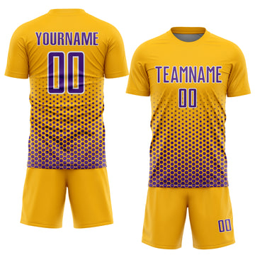 Custom Gold Purple-White Geometric Hexagonal Dot Gradient Sublimation Soccer Uniform Jersey