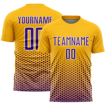 Custom Gold Purple-White Geometric Hexagonal Dot Gradient Sublimation Soccer Uniform Jersey