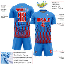 Laden Sie das Bild in den Galerie-Viewer, Custom Powder Blue Red-White Geometric Hexagonal Dot Gradient Sublimation Soccer Uniform Jersey
