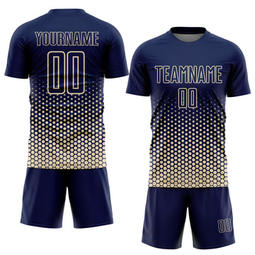 Custom Navy-Cream Geometric Hexagonal Dot Gradient Sublimation Soccer Uniform Jersey