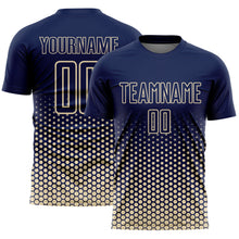 Laden Sie das Bild in den Galerie-Viewer, Custom Navy-Cream Geometric Hexagonal Dot Gradient Sublimation Soccer Uniform Jersey
