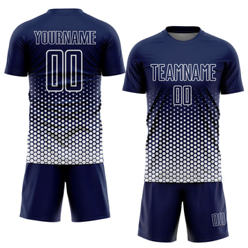 Custom Navy-White Geometric Hexagonal Dot Gradient Sublimation Soccer Uniform Jersey