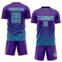 Charger l'image dans la galerie, Custom Purple Teal-White Geometric Hexagonal Dot Gradient Sublimation Soccer Uniform Jersey
