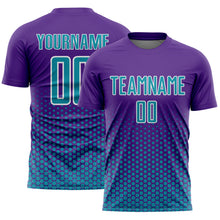 Charger l'image dans la galerie, Custom Purple Teal-White Geometric Hexagonal Dot Gradient Sublimation Soccer Uniform Jersey
