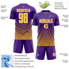 Load image into Gallery viewer, Custom Purple Gold-White Geometric Hexagonal Dot Gradient Sublimation Soccer Uniform Jersey
