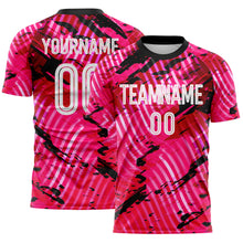 Laden Sie das Bild in den Galerie-Viewer, Custom Pink White-Black Abstract Swirl Wave Grunge Splatter Sublimation Soccer Uniform Jersey

