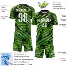 Laden Sie das Bild in den Galerie-Viewer, Custom Green White-Black Abstract Swirl Wave Grunge Splatter Sublimation Soccer Uniform Jersey
