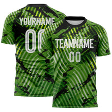 Laden Sie das Bild in den Galerie-Viewer, Custom Green White-Black Abstract Swirl Wave Grunge Splatter Sublimation Soccer Uniform Jersey
