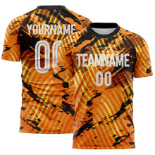 Laden Sie das Bild in den Galerie-Viewer, Custom Gold White-Black Abstract Swirl Wave Grunge Splatter Sublimation Soccer Uniform Jersey
