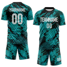Laden Sie das Bild in den Galerie-Viewer, Custom Aqua White-Black Abstract Swirl Wave Grunge Splatter Sublimation Soccer Uniform Jersey
