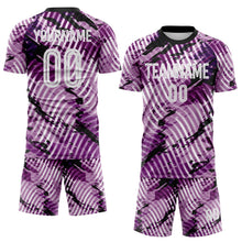 Laden Sie das Bild in den Galerie-Viewer, Custom Light Purple White-Black Abstract Swirl Wave Grunge Splatter Sublimation Soccer Uniform Jersey
