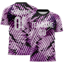Laden Sie das Bild in den Galerie-Viewer, Custom Light Purple White-Black Abstract Swirl Wave Grunge Splatter Sublimation Soccer Uniform Jersey
