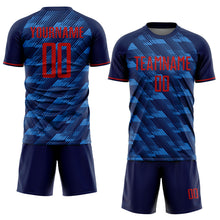 Laden Sie das Bild in den Galerie-Viewer, Custom Navy Red-Blue USA Style Patriotic Diagonal Flowing Lines Sublimation Soccer Uniform Jersey
