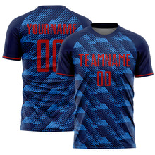 Laden Sie das Bild in den Galerie-Viewer, Custom Navy Red-Blue USA Style Patriotic Diagonal Flowing Lines Sublimation Soccer Uniform Jersey
