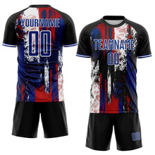 Laden Sie das Bild in den Galerie-Viewer, Custom Black Royal Red-White USA Style Patriotic Splatter Sublimation Soccer Uniform Jersey
