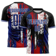 Laden Sie das Bild in den Galerie-Viewer, Custom Black Royal Red-White USA Style Patriotic Splatter Sublimation Soccer Uniform Jersey
