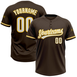 Custom Brown White-Yellow Two-Button Unisex Softball Jersey