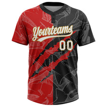 Laden Sie das Bild in den Galerie-Viewer, Custom Graffiti Pattern Black Red-Old Gold 3D Two-Button Unisex Softball Jersey
