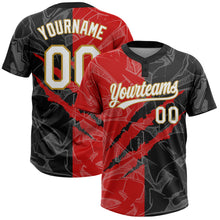 Laden Sie das Bild in den Galerie-Viewer, Custom Graffiti Pattern Black Red-Old Gold 3D Two-Button Unisex Softball Jersey
