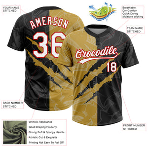 Custom Graffiti Pattern Black Old Gold-Red 3D Two-Button Unisex Softball Jersey