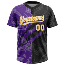 Laden Sie das Bild in den Galerie-Viewer, Custom Graffiti Pattern Black Purple-Gold 3D Two-Button Unisex Softball Jersey
