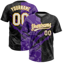 Laden Sie das Bild in den Galerie-Viewer, Custom Graffiti Pattern Black Purple-Gold 3D Two-Button Unisex Softball Jersey
