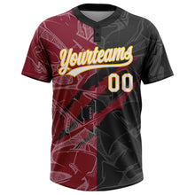 Load image into Gallery viewer, Custom Graffiti Pattern Black Crimson-Gold 3D Two-Button Unisex Softball Jersey
