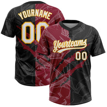 Laden Sie das Bild in den Galerie-Viewer, Custom Graffiti Pattern Black Crimson-Gold 3D Two-Button Unisex Softball Jersey
